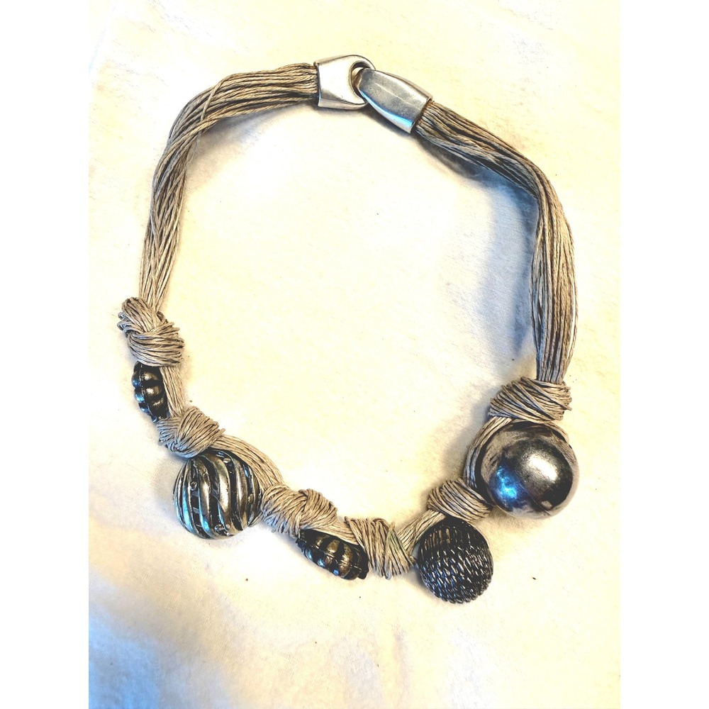 Artisan Statement Necklace Multi Strand Cord  Silver Beads Modernist Boho Chunky